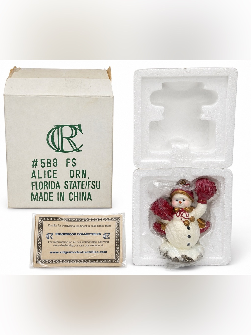 Florida State FSU Cheerleader Snowman Christmas Ornament Ridgewood Collectibles